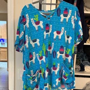 Butter-Soft Stretch Blue Scrub Top with Llama Design